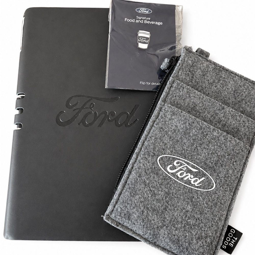 Ford Notebook with Pen, Felt Travel Wallet on Lanyard, Small Ford Pin.